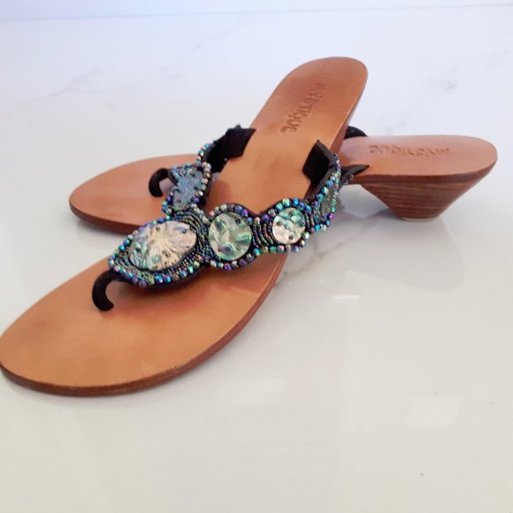 Mystique bead, sequin, natural shell disc embellished heeled flip flop sandals - Picture 4 of 6